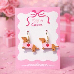 Dachshund Dog Earrings | Cute Pink Heart Sweater Statement Dangles